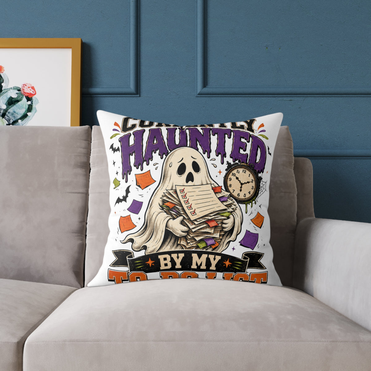 Halloween Haunted By My To-Do List Square Pillow — Funny Halloween Ghost Decorative Throw Pillow
