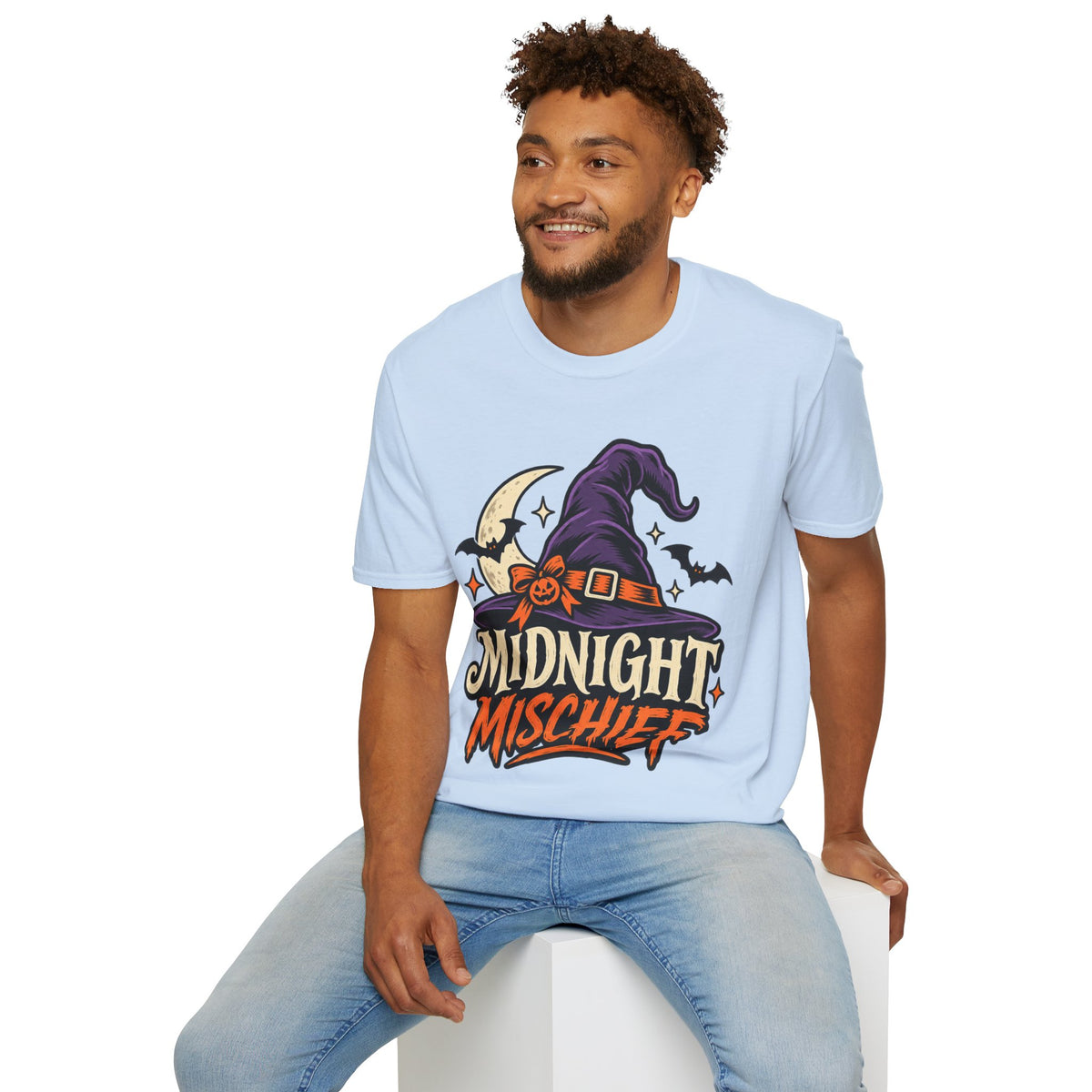 Midnight Mischief Halloween T-Shirt — Witch Hat & Bats Graphic