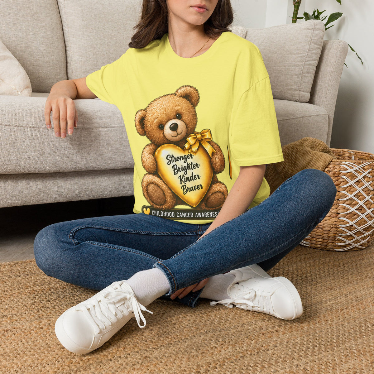 Childhood Cancer Awareness Teddy T-Shirt — "Stronger Brighter Kinder Braver"