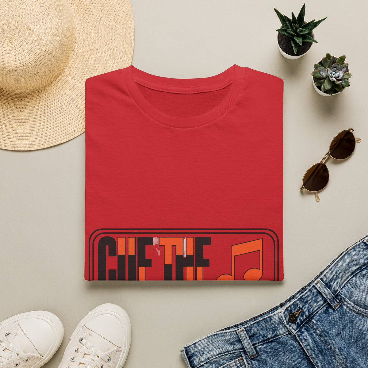 Cue The Saxophone Red Music Note T-Shirt - Y2K Stacked Jazz Graphic Tee - Trending Now - September 2026