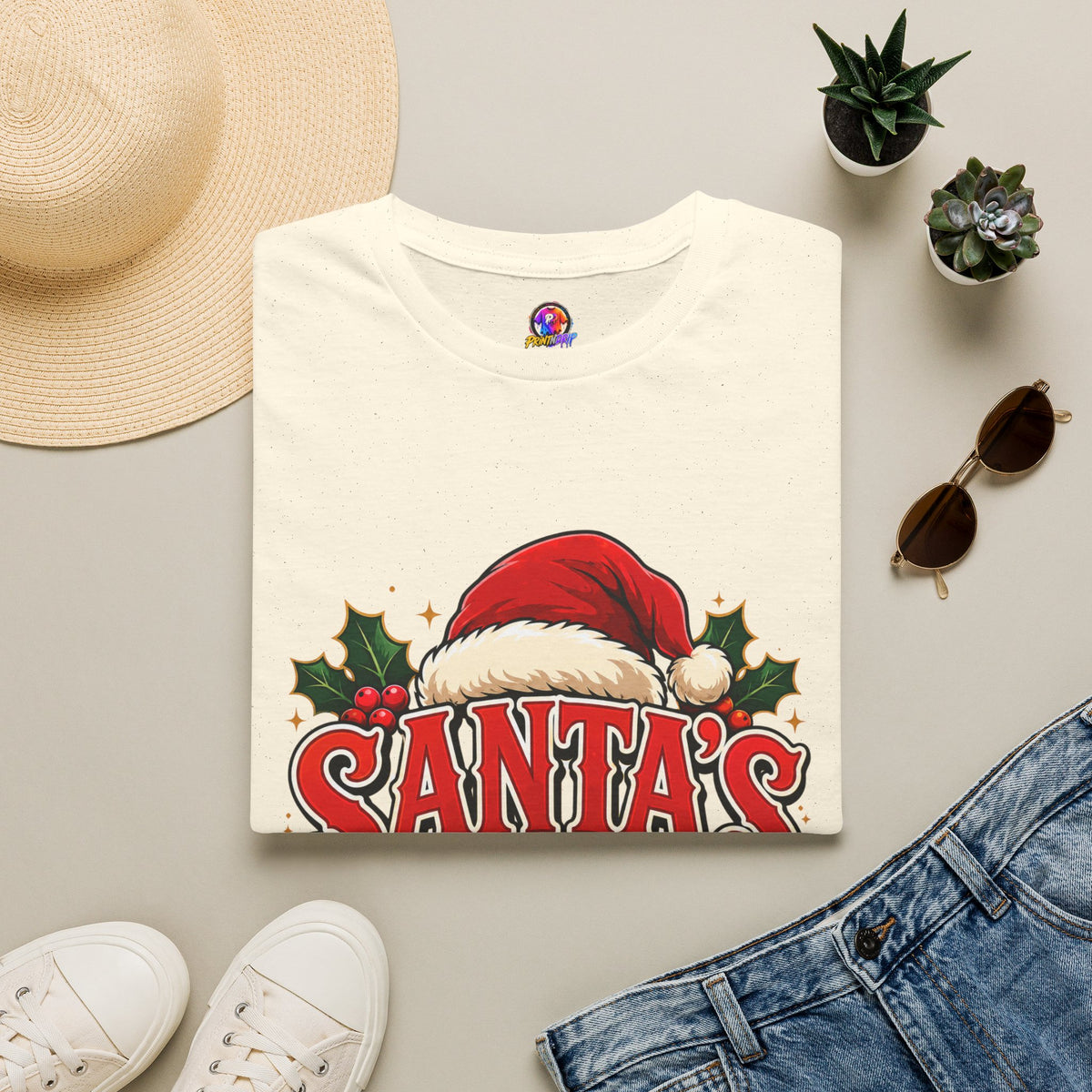 Santa's Favorite T-Shirt — Festive Christmas Tee with Santa Hat & Holly