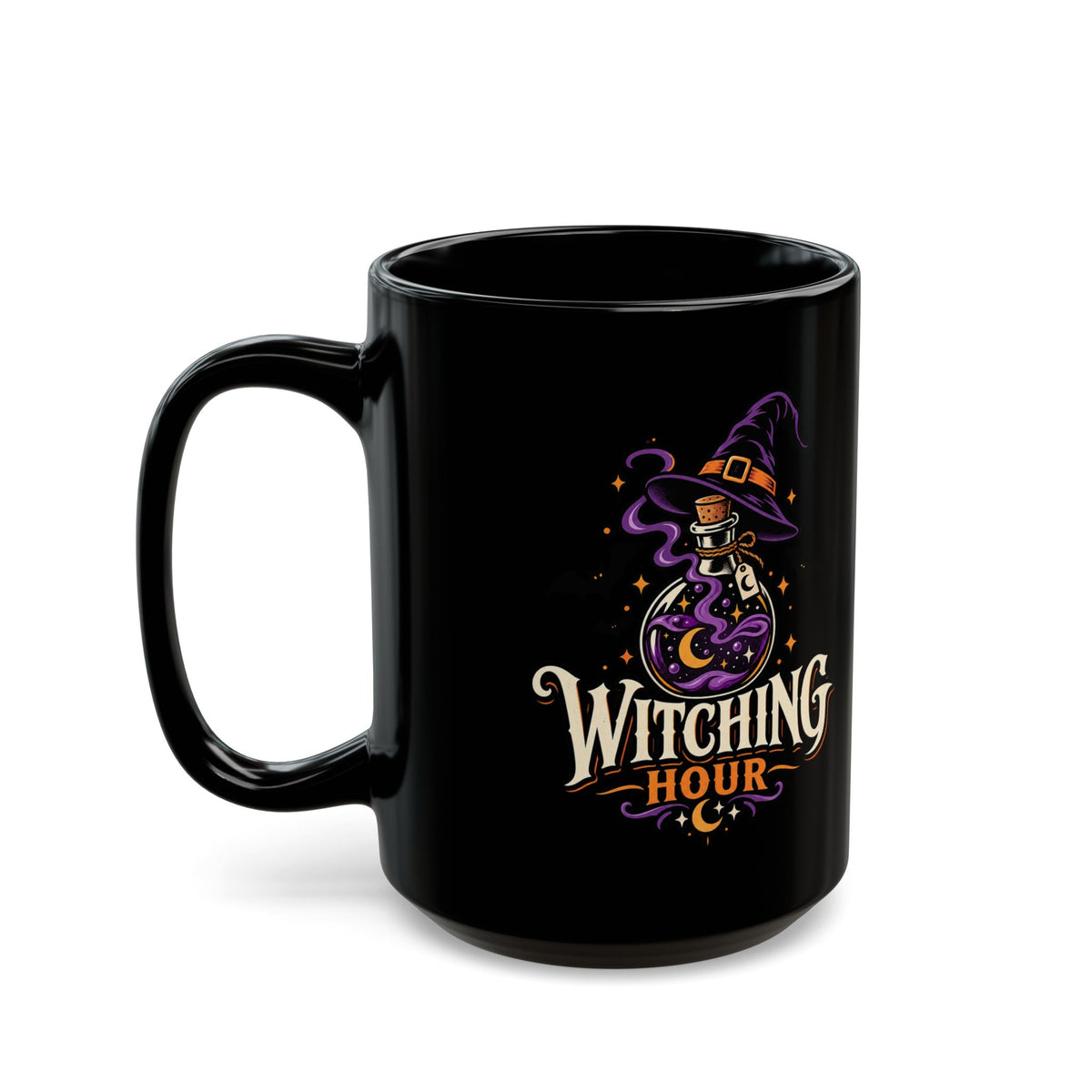 Witching Hour Black Mug — Spooky Halloween Witch Hat & Potion Coffee Cup (11oz/15oz)