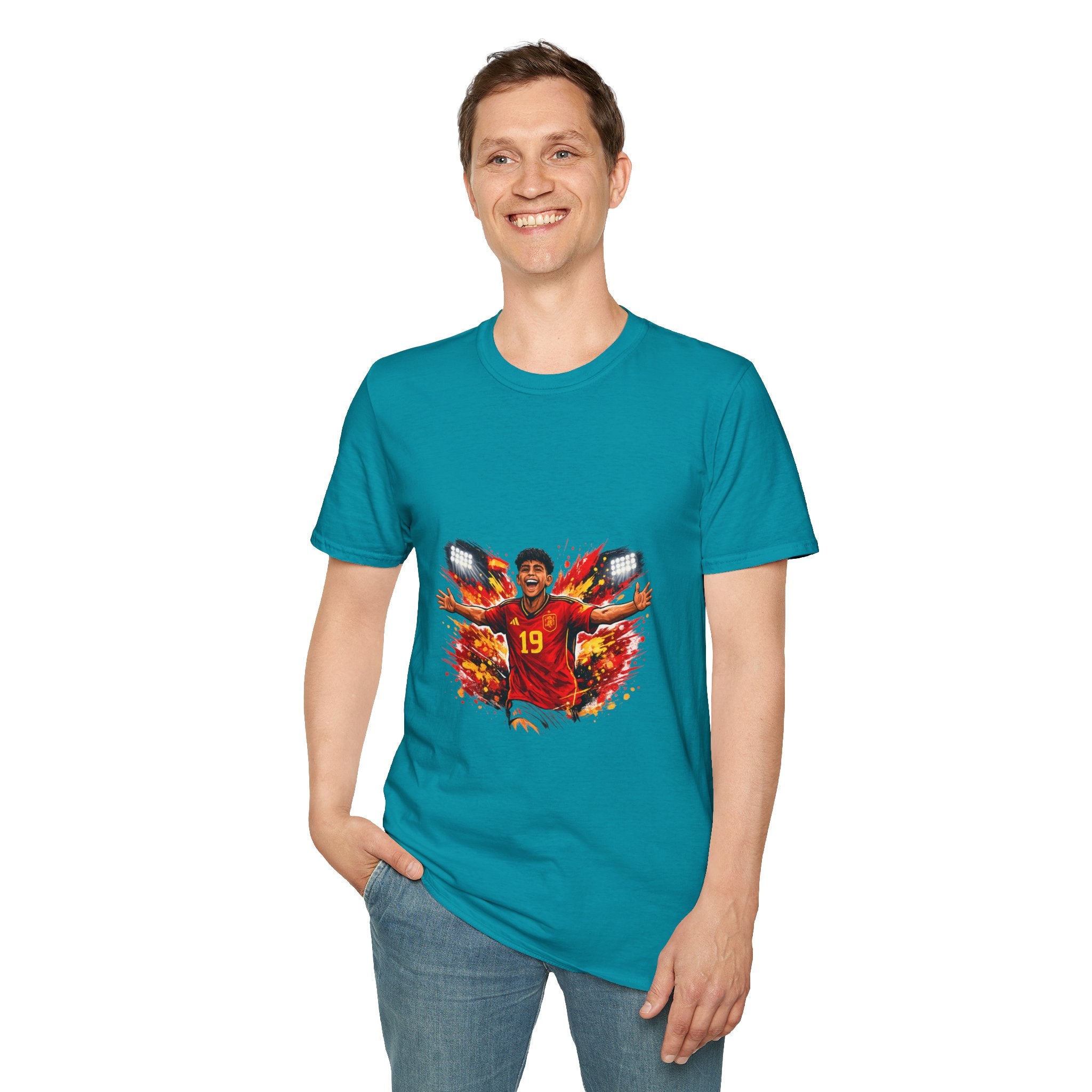 Spain Soccer Fan Portrait T‑Shirt – Fiery Goal Celebration Design