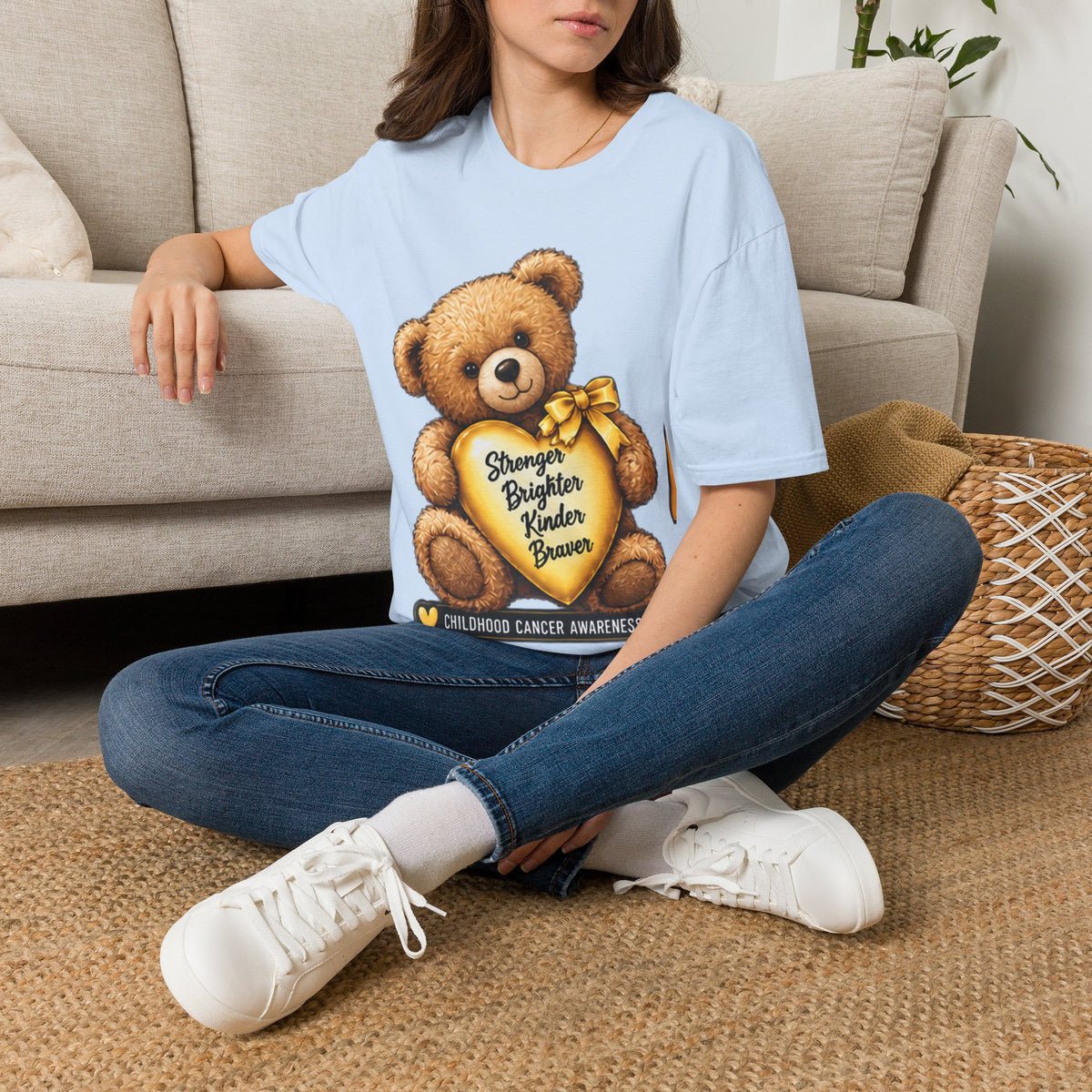 Childhood Cancer Awareness Teddy T-Shirt — "Stronger Brighter Kinder Braver"