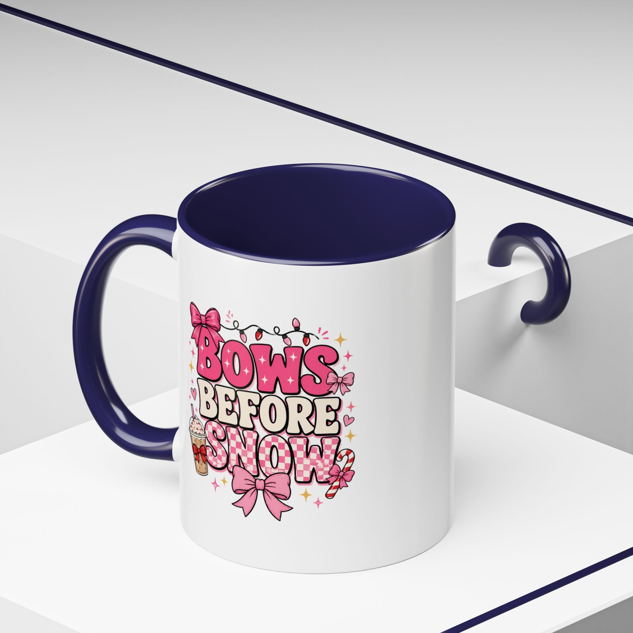 Modern Day Christmas Bows Before Snow Accent Coffee Mug — Cute Pink Holiday Hot Cocoa Design (11/15oz)