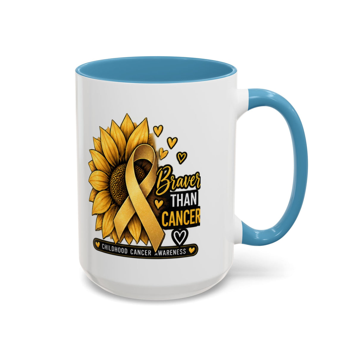 Childhood Cancer Awareness Mug — "Braver Than Cancer" Sunflower & Gold Ribbon