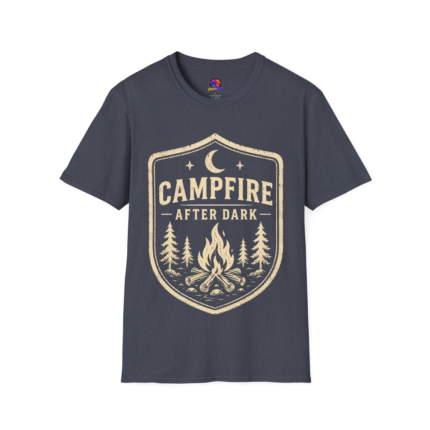 Campfire After Dark T-Shirt — Retro Camping Badge Tee for Outdoor Lovers
