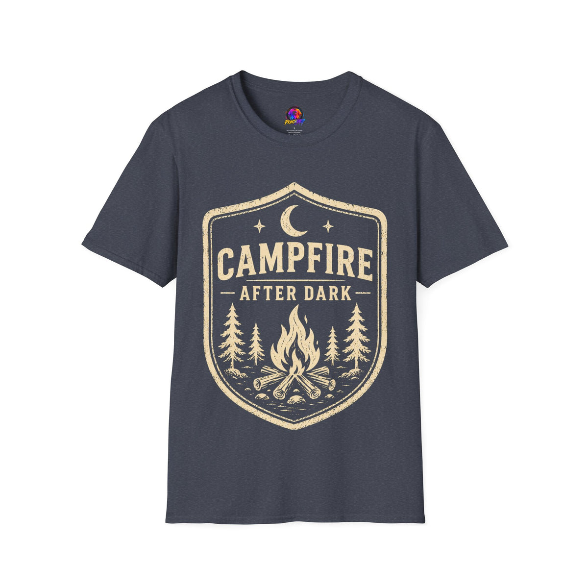 Campfire After Dark T-Shirt — Retro Camping Badge Tee for Outdoor Lovers