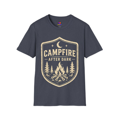 Campfire After Dark T-Shirt — Retro Camping Badge Tee for Outdoor Lovers