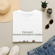 "Two Best Friends Different Energy" Retro Character Tee - Funny Bestie Meme White T-Shirt - Trending Now - September 2026