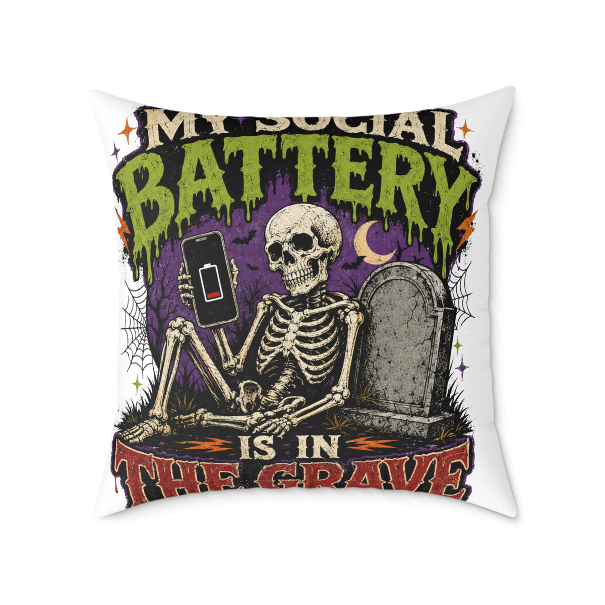 Halloween Skull Pillow — “My Social Battery Is In The Grave” Gothic Decorative Throw Pillow