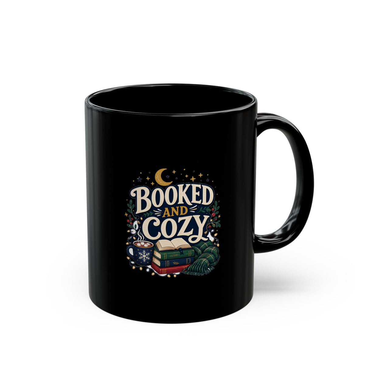 Modern Day Christmas  Booked and Cozy Black Mug —  Ceramic Coffee Cup for Book Lovers