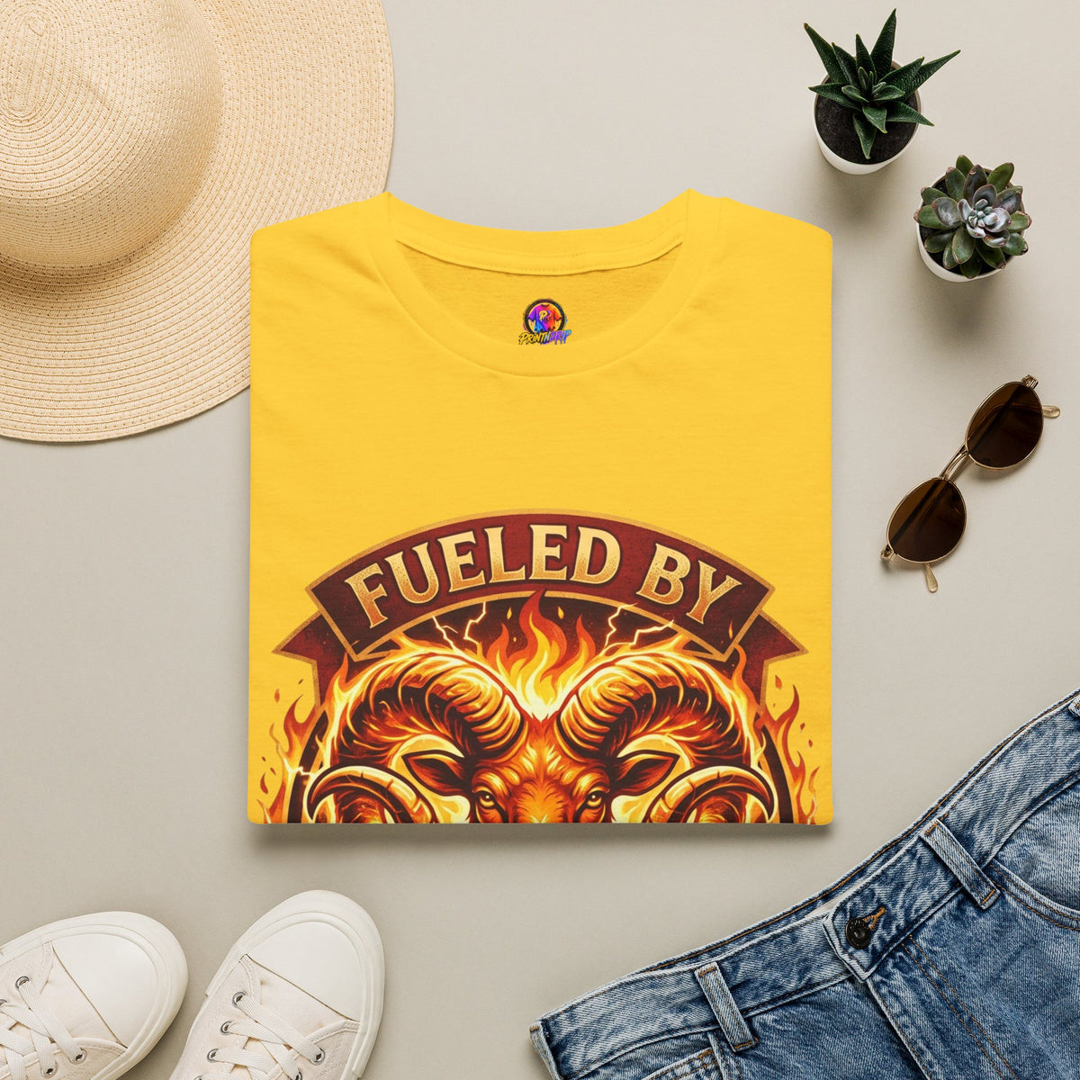 Aries Zodiac Fueled By Fire & Aries Energy T-Shirt — Zodiac Ram Graphic Tee