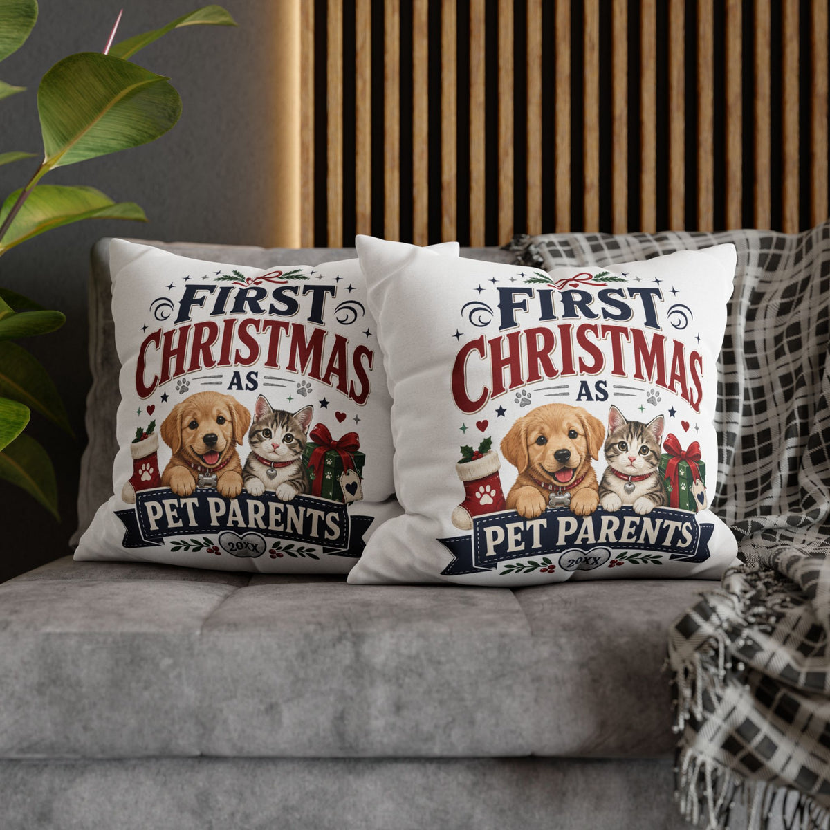 First Christmas as Pet Parents Pillowcase — Dog & Cat Holiday Throw Pillowcase