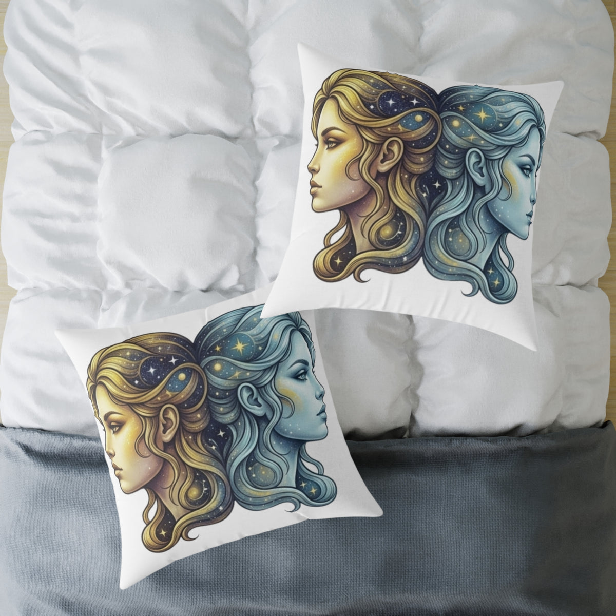 Zodiac Gemini Double-Face Art Pillow — Celestial Sun & Moon Decorative Throw Pillow