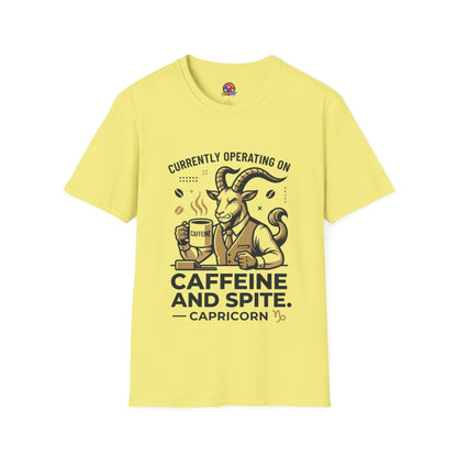 Capricorn T-Shirt — "Currently Operating on Caffeine and Spite" Zodiac Goat Tee