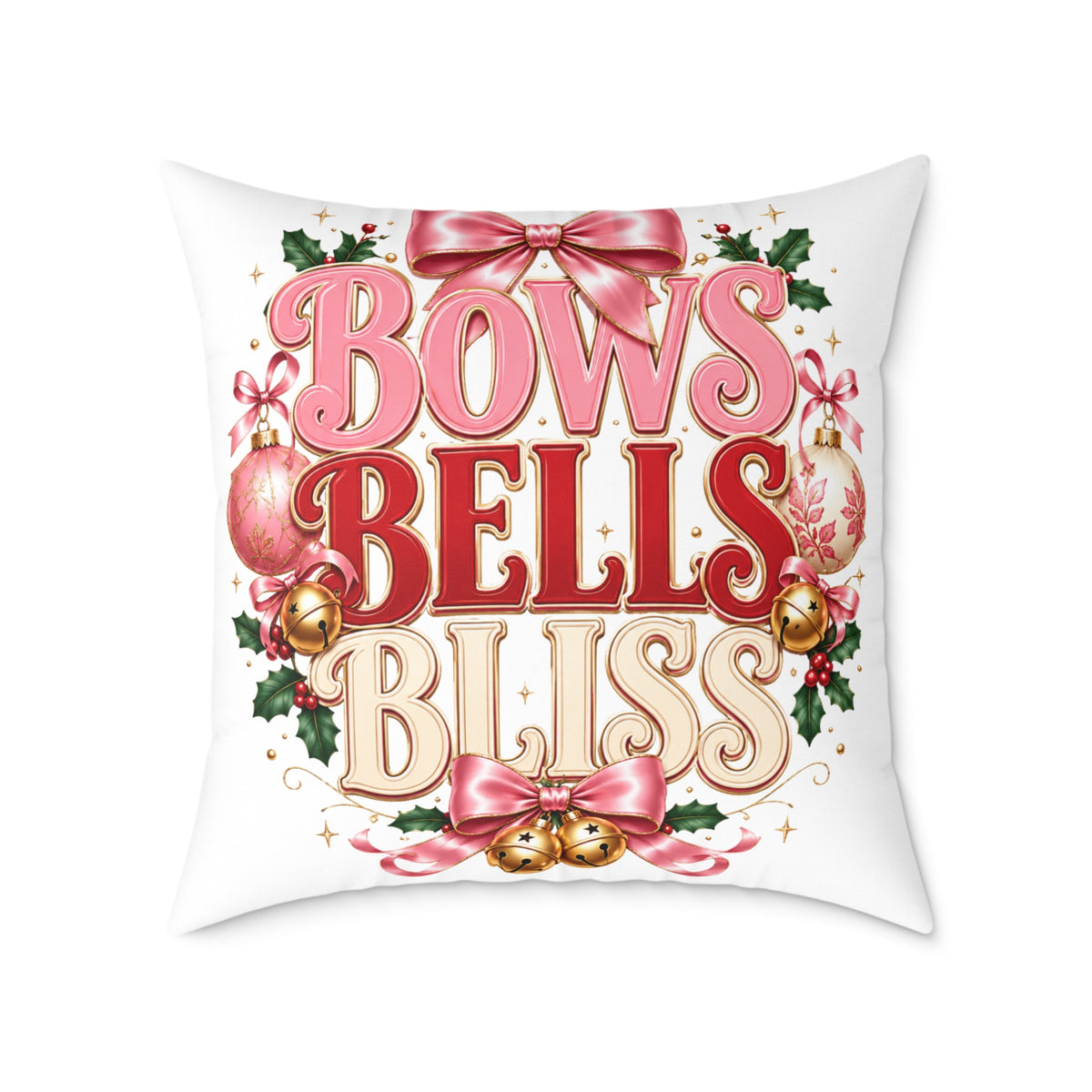 Bows Bells Bliss Christmas Square Poly Canvas Pillow