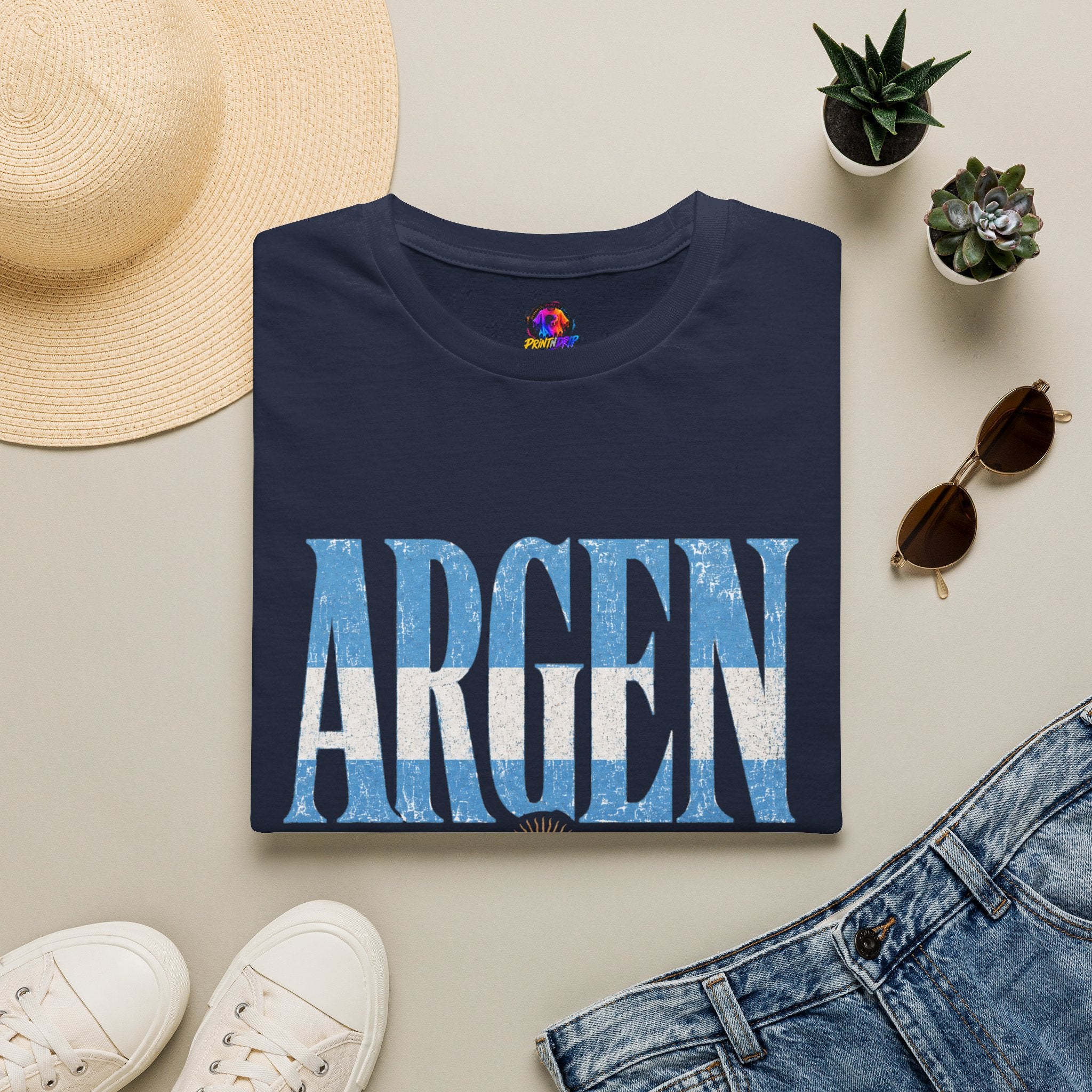 Argentina Flag Graphic T‑Shirt — Vintage Blue Distressed Typography