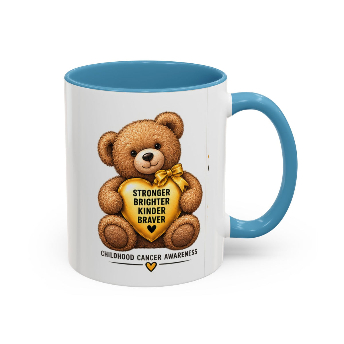 Childhood Cancer Awareness Coffee Mug — 'Stronger Brighter Kinder Braver' Teddy