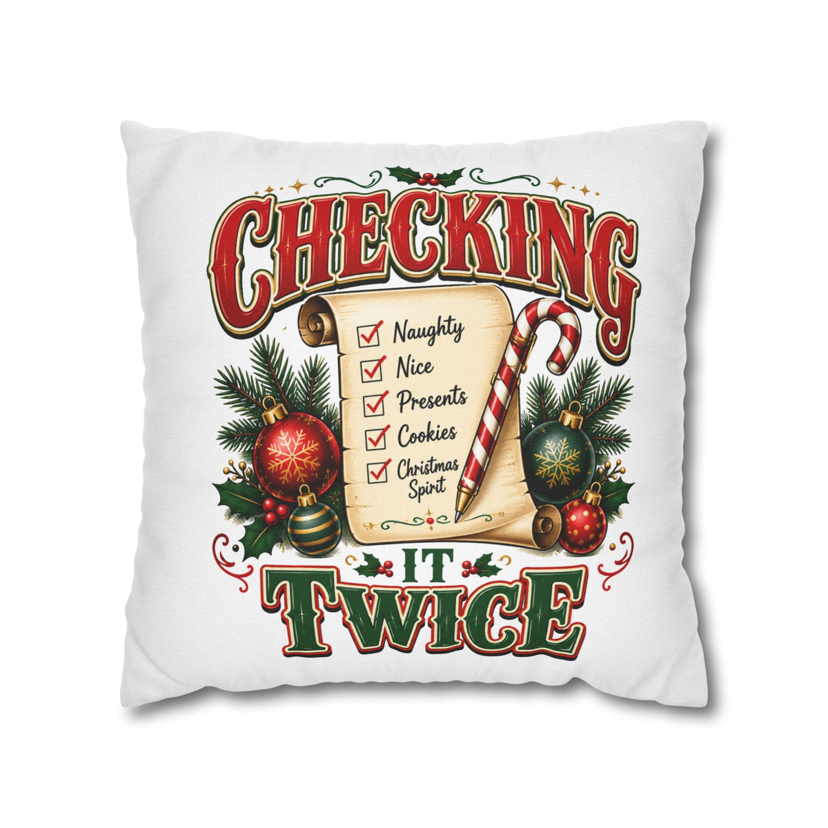 Checking It Twice Christmas Pillowcase — Festive Holiday Checklist Throw Pillow Cover