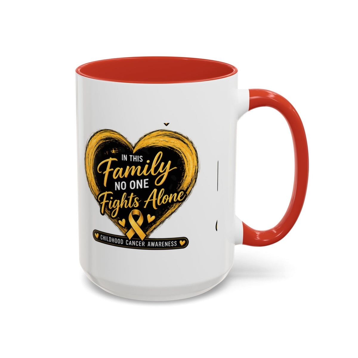 Childhood Cancer Awareness Accent Coffee Mug — "In This Family No One Fights Alone"