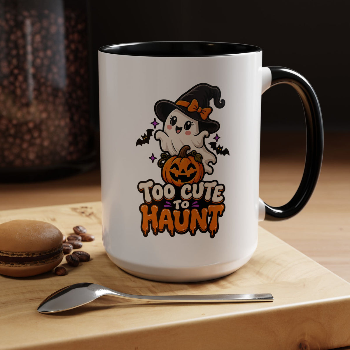 Halloween Coffee Mug - 'Too Cute to Haunt' Ghost Pumpkin Accent Mug