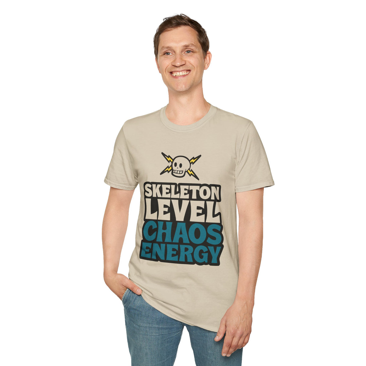 Skeleton Level Chaos Energy Teal Lightning Bolt T-Shirt - Edgy Alt Streetwear Graphic Tee - Trending Now - September 2026