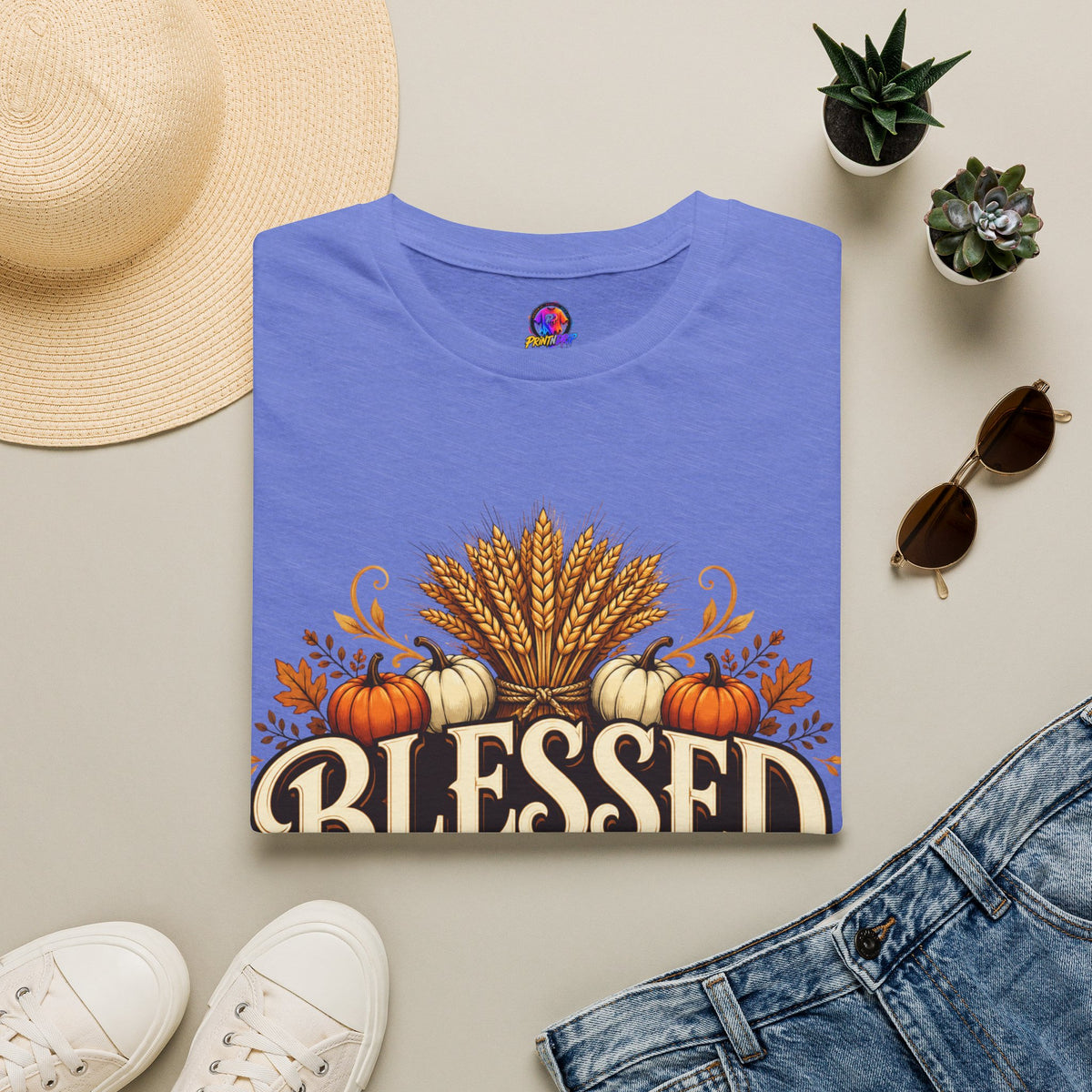 Thanksgiving T-Shirt Blessed Beyond Measure T-Shirt — Fall Harvest Pumpkin & Wheat Tee