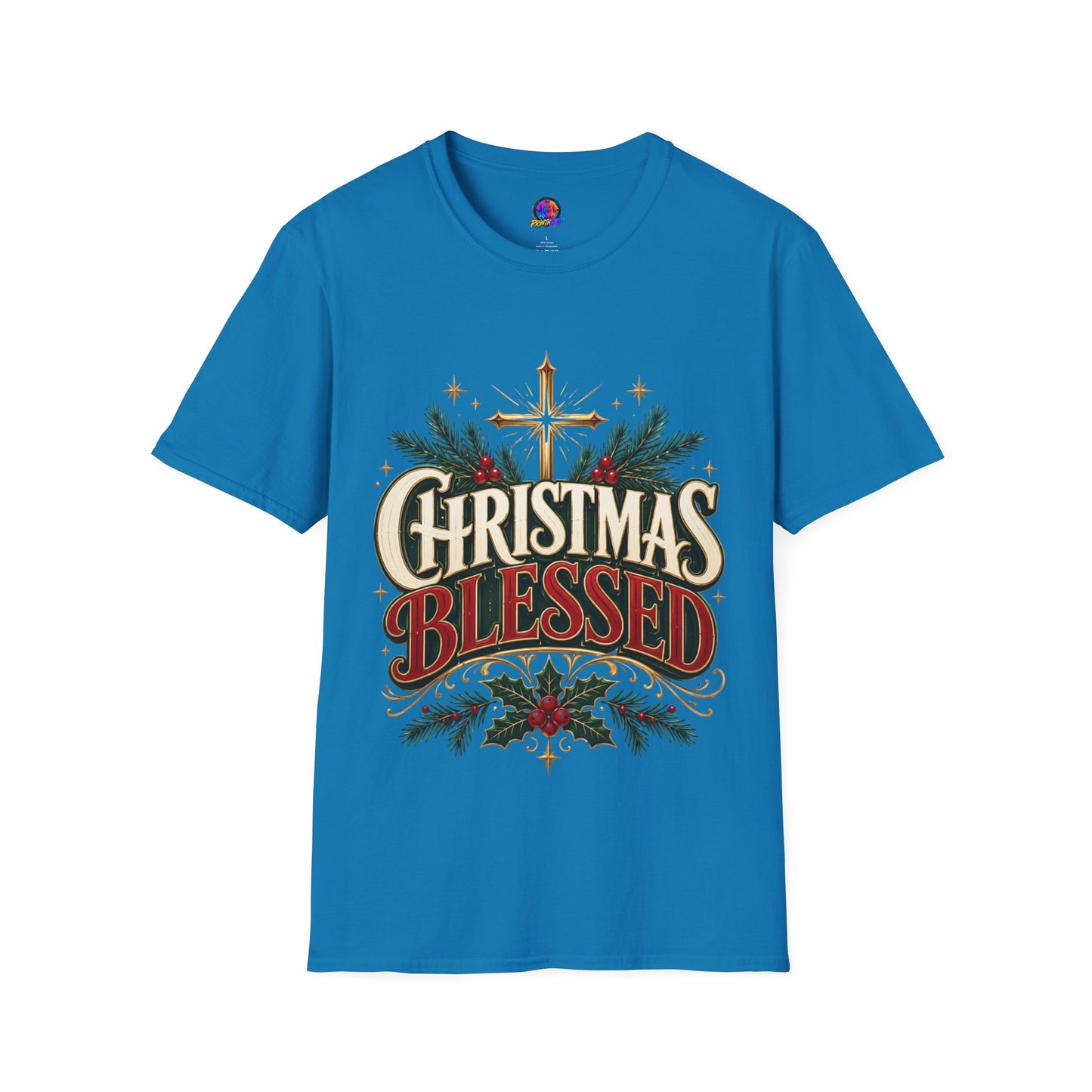 Christmas Blessed T-Shirt — Faith-Based Holiday Tee with Cross & Pine Design