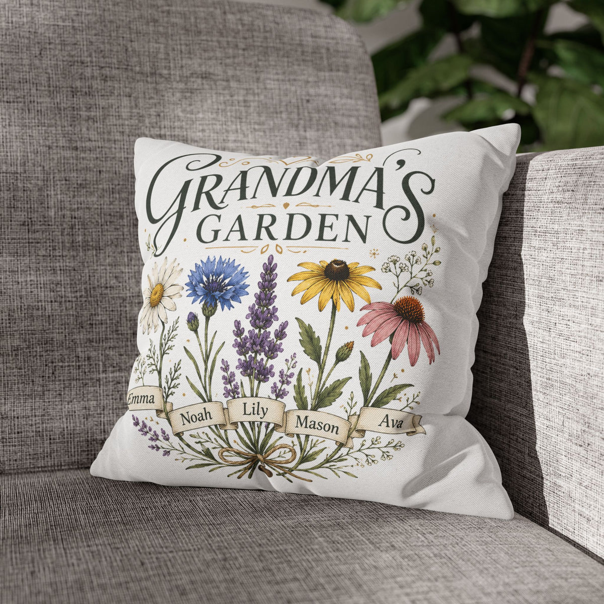 Grandma’s Garden Floral Pillowcase Milo Bailey Dog Dad Mom — Personalized Names Decorative Throw Pillow