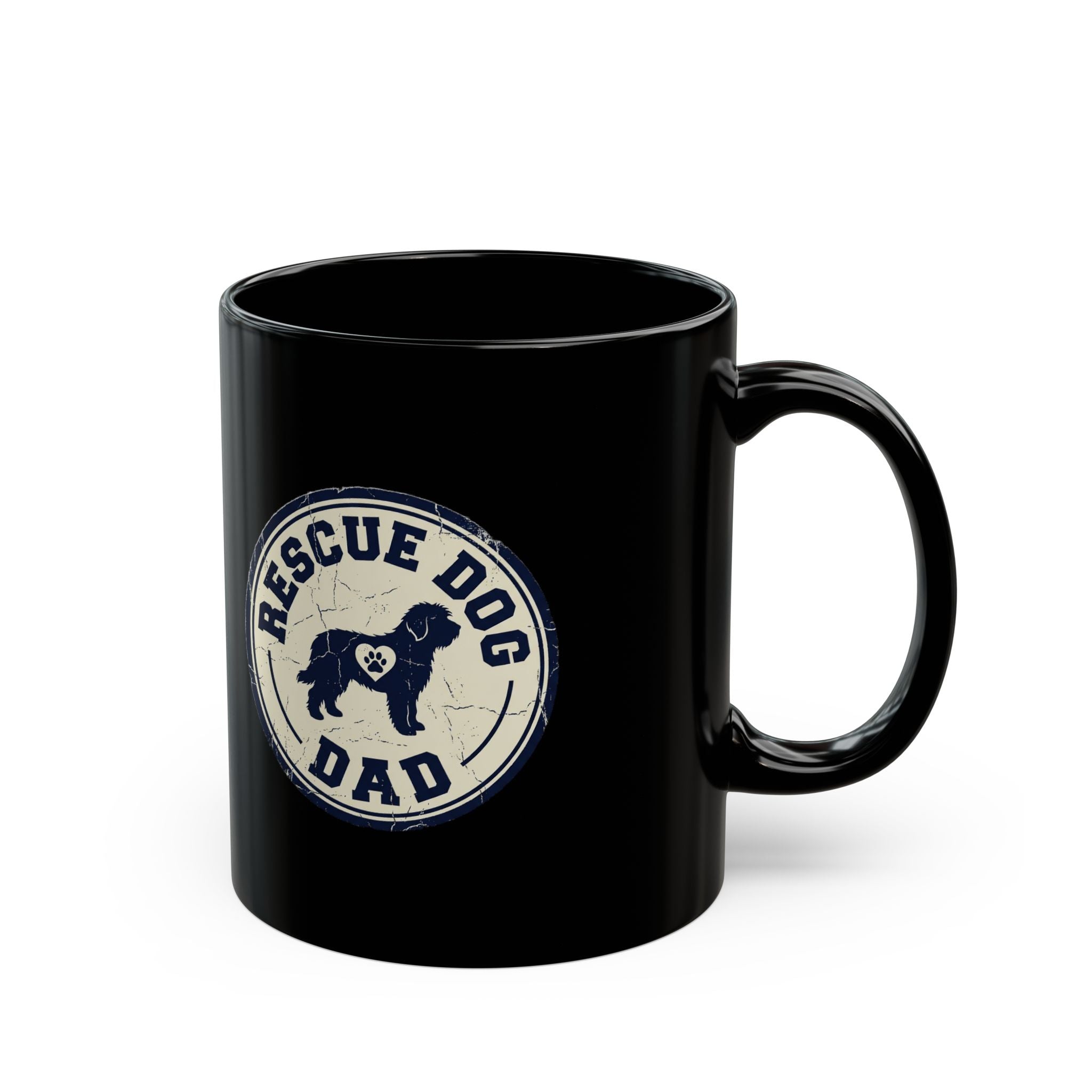 Funny Rescue Dog Dad Black Mug — Vintage Paw Print Coffee Cup