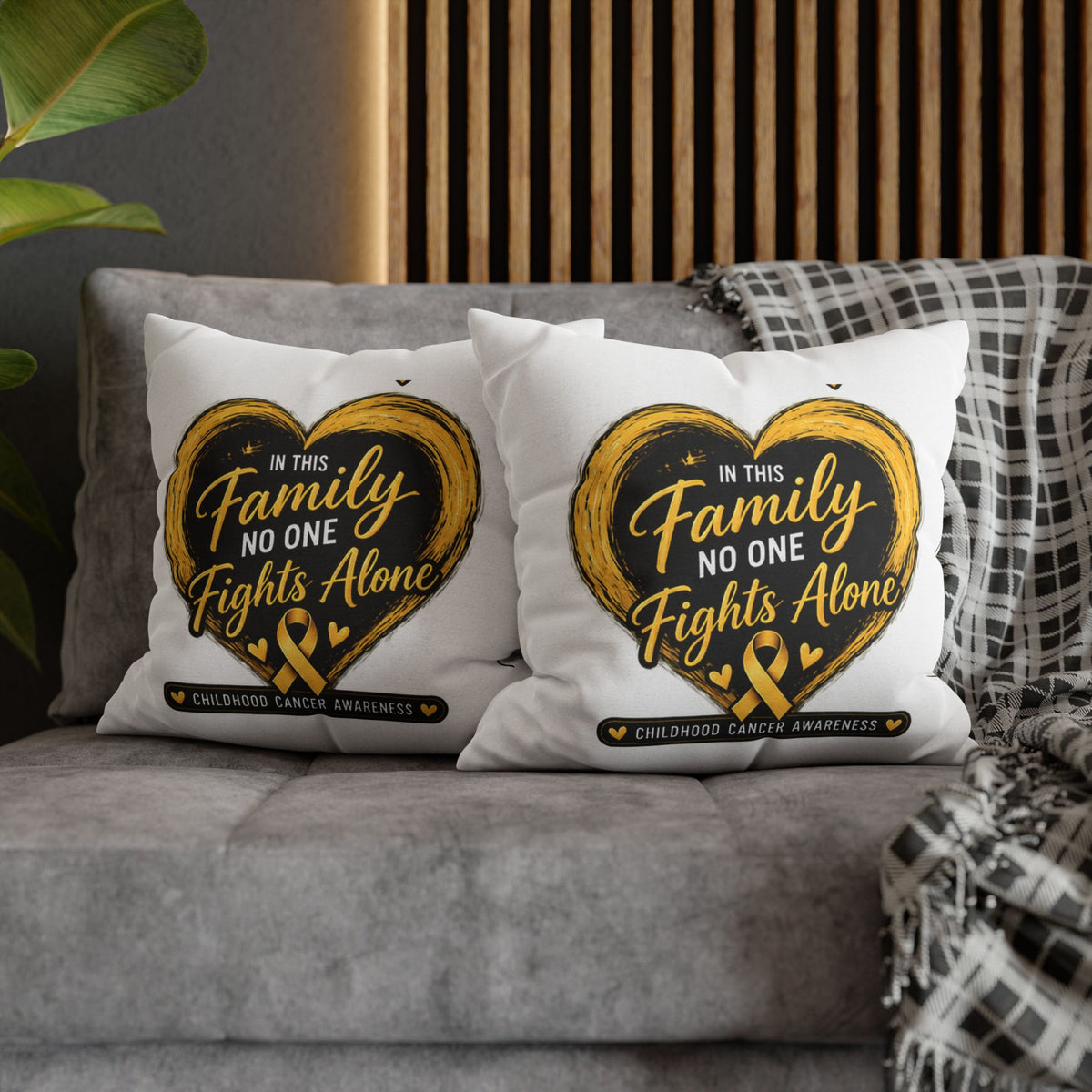 Childhood Cancer Awareness Pillow - "In This Family No One Fights Alone" Square Throw Pillow