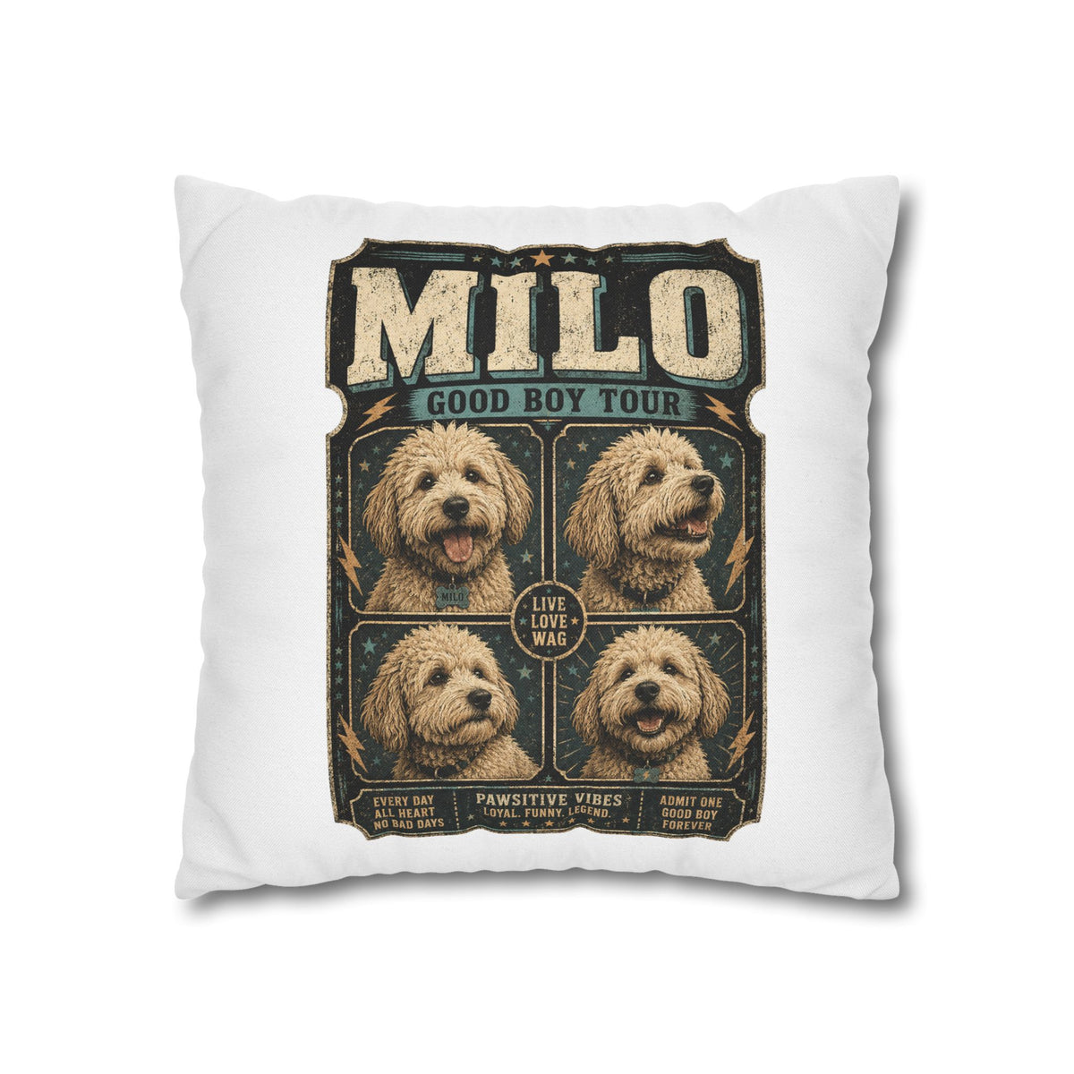 Milo "Good Boy Tour" Square Pillowcase — Cute Dog Portrait Decorative Pillowcase Milo Bailey Dog Dad Mom