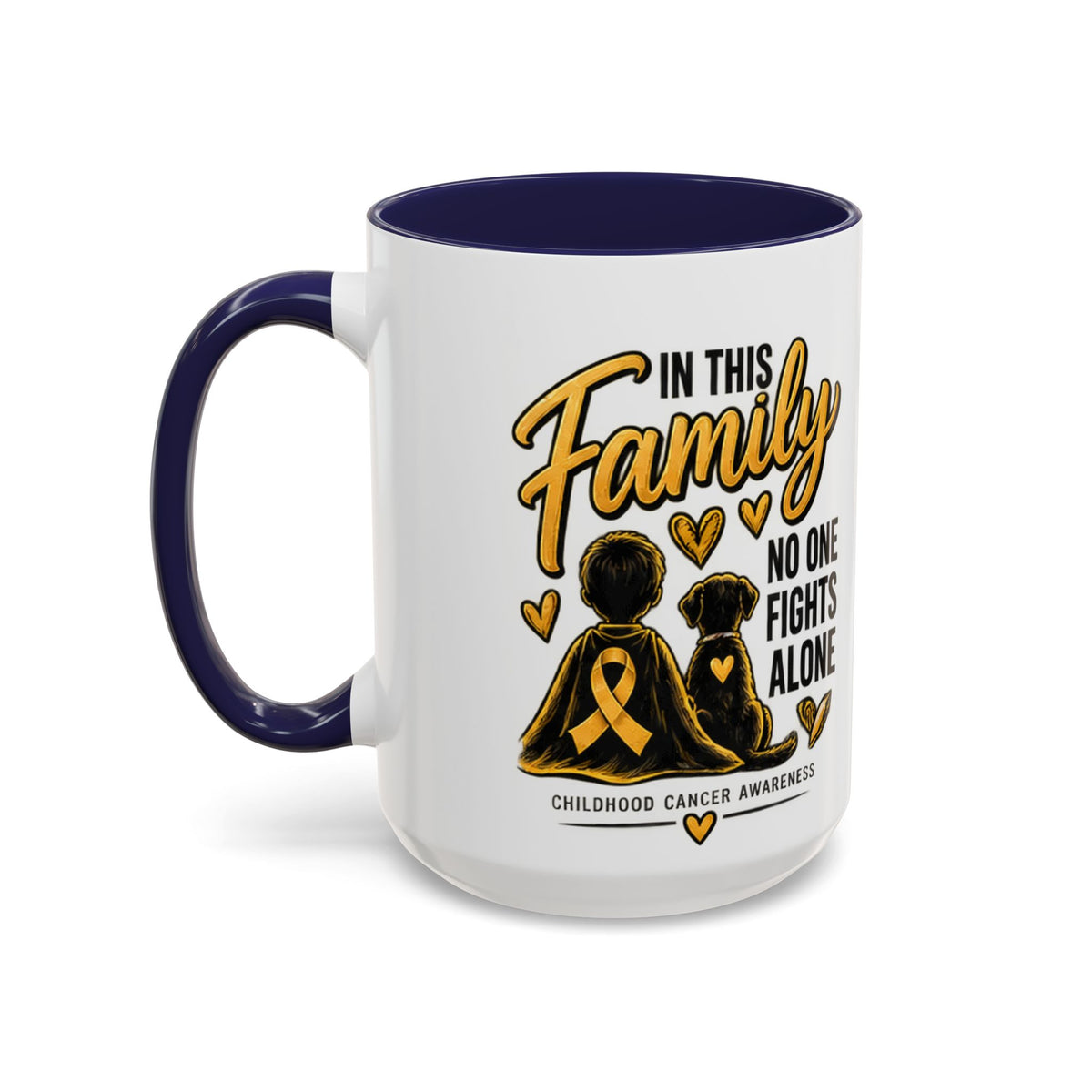 Childhood Cancer Awareness Accent Coffee Mug – "In This Family No One Fights Alone" (11/15oz)