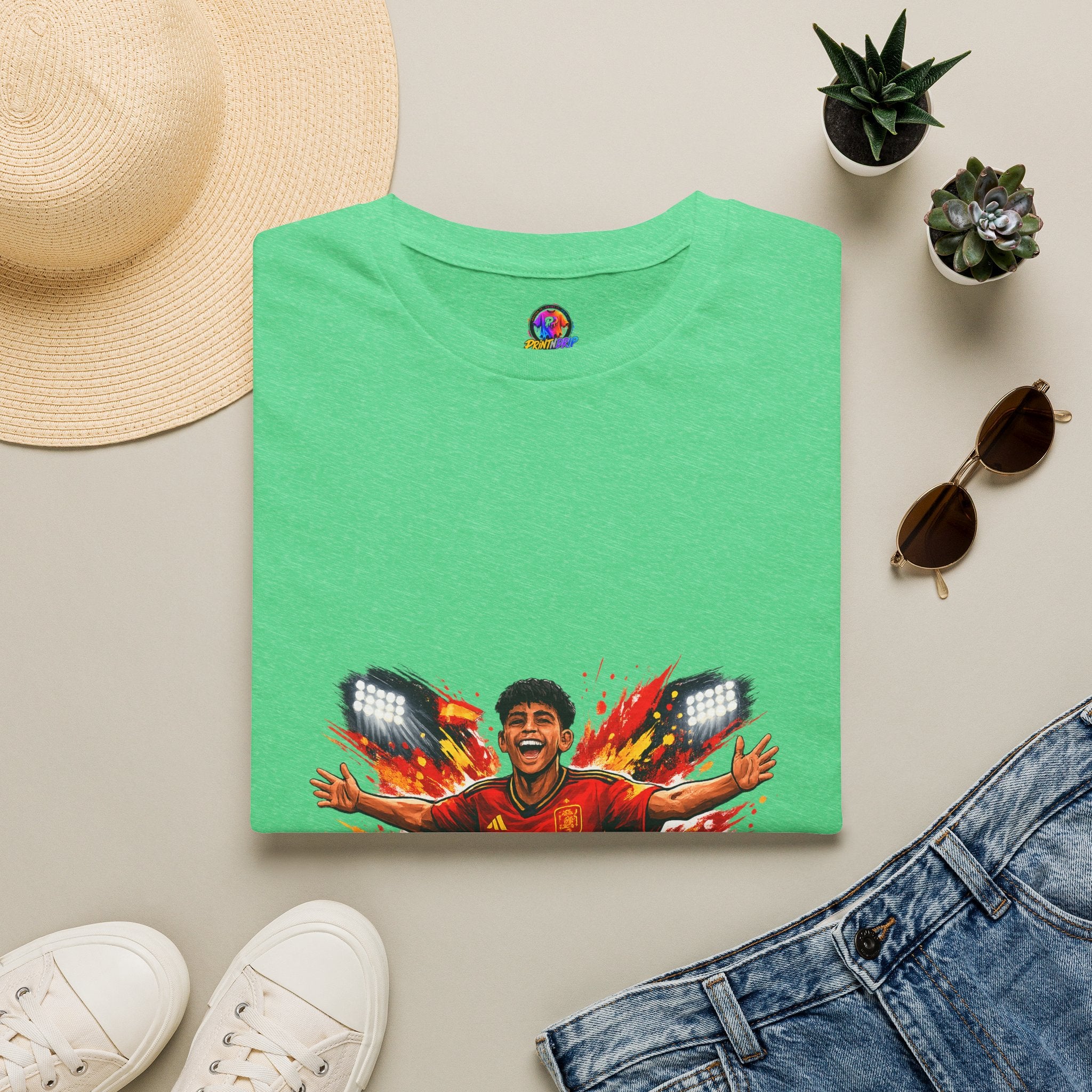Spain Soccer Fan Portrait T‑Shirt – Fiery Goal Celebration Design