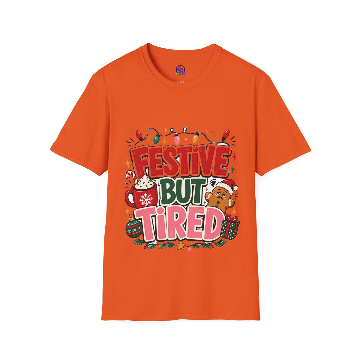 Festive But Tired T-Shirt — Holiday Christmas Crew Tee with Lights & Gingerbread