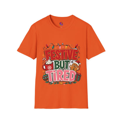 Festive But Tired T-Shirt — Holiday Christmas Crew Tee with Lights & Gingerbread