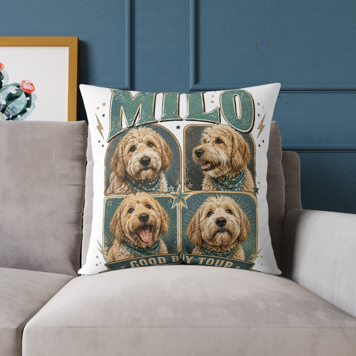 Personalized Dog Photo Pillow  Milo Bailey Dog Dad Mom— "MILO" Collage Square Pet Throw Pillow