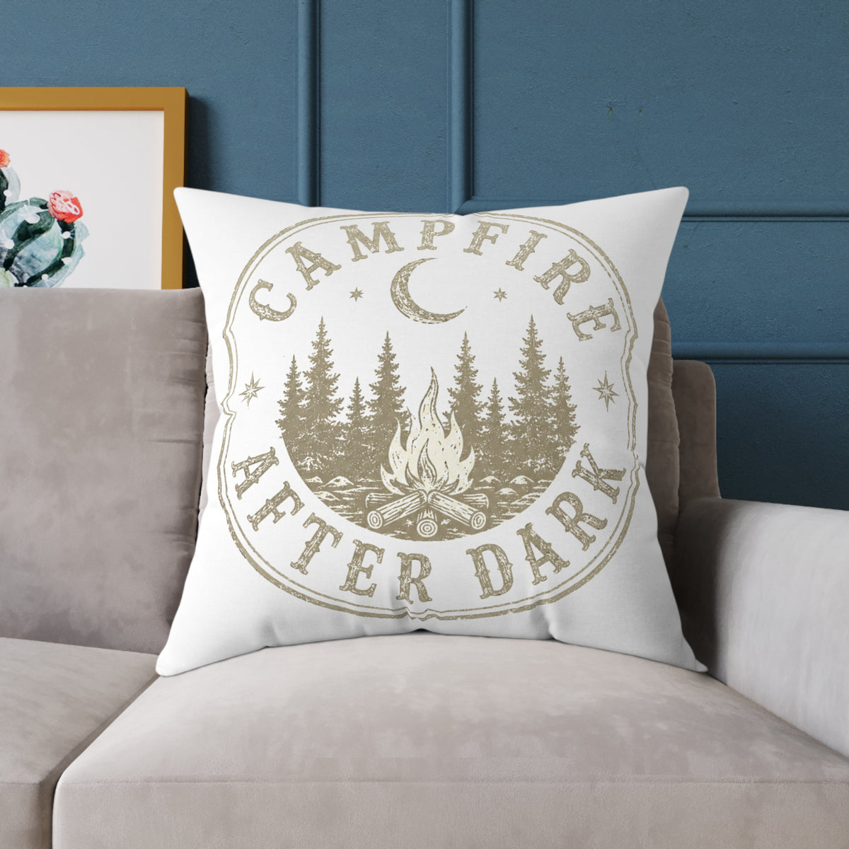 Campfire After Dark Square Throw Pillow Milo Bailey Dog Dad Mom— Rustic Outdoor Cabin Decor