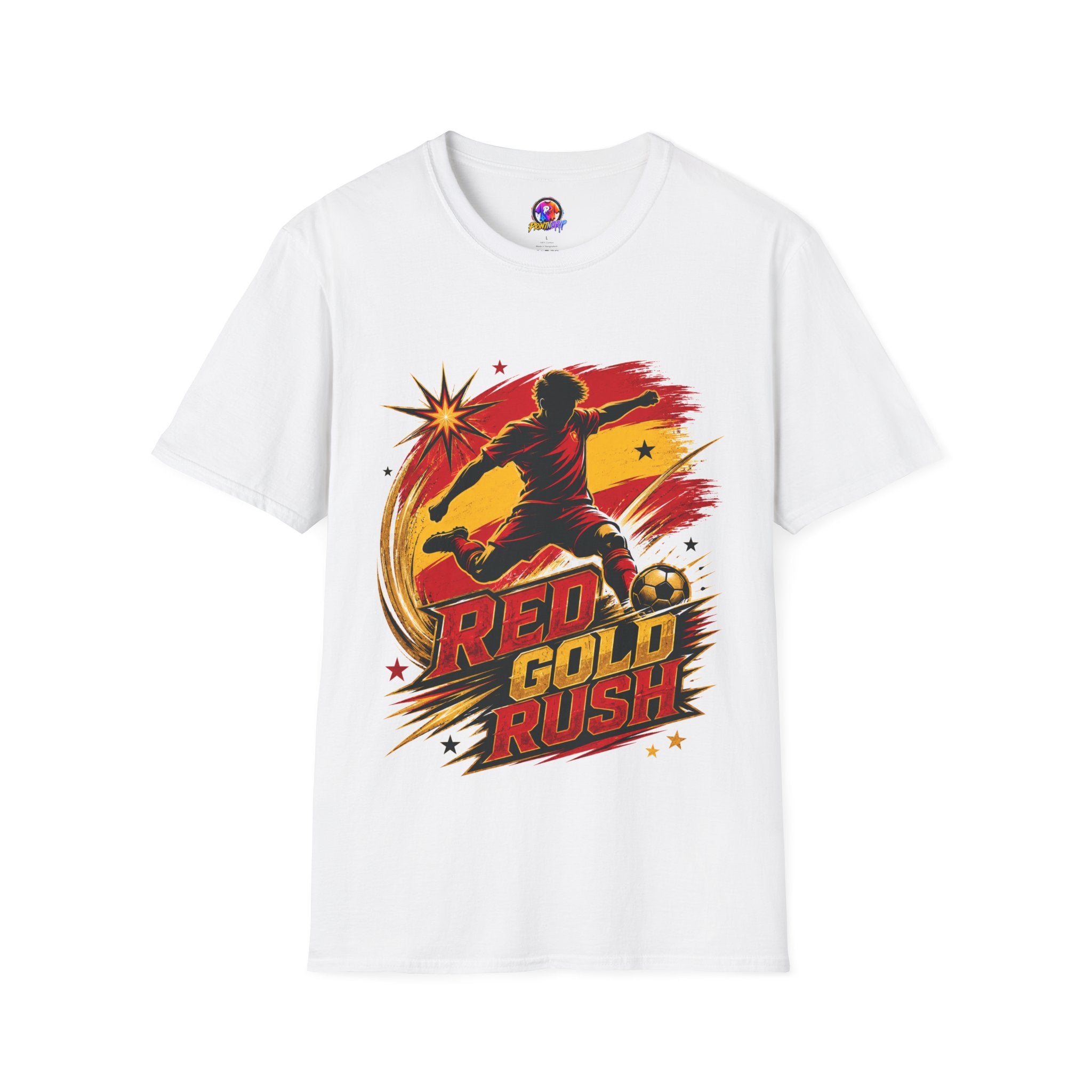 Spain Red & Gold Rush Soccer T-Shirt — Retro Soccer Player Graphic