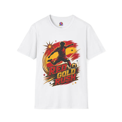 Spain Red & Gold Rush Soccer T-Shirt — Retro Soccer Player Graphic