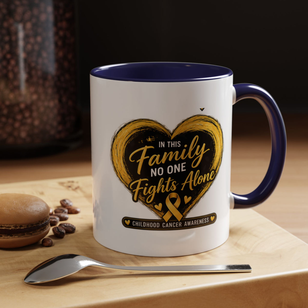 Childhood Cancer Awareness Accent Coffee Mug — "In This Family No One Fights Alone"