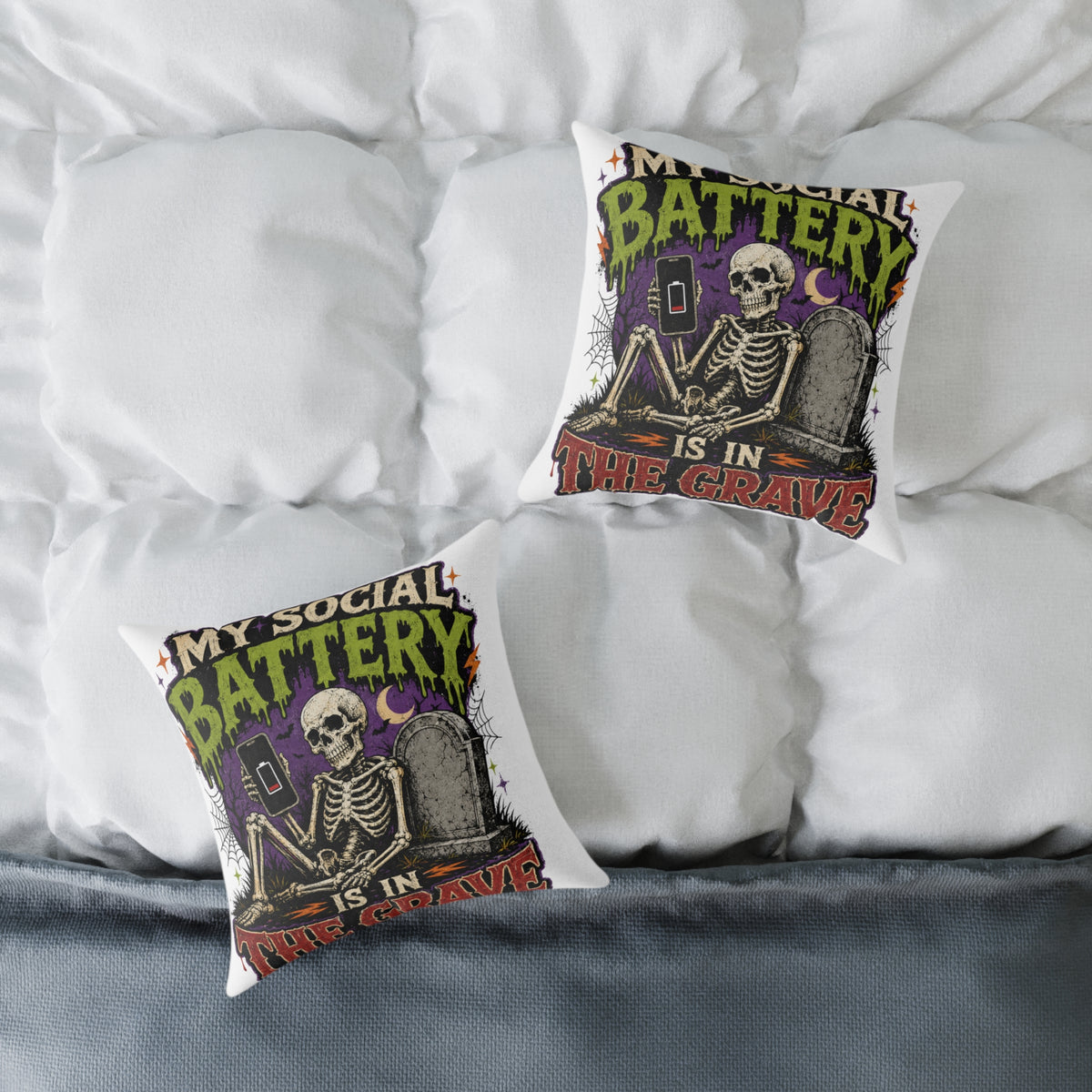 Halloween Skull Pillow — “My Social Battery Is In The Grave” Gothic Decorative Throw Pillow