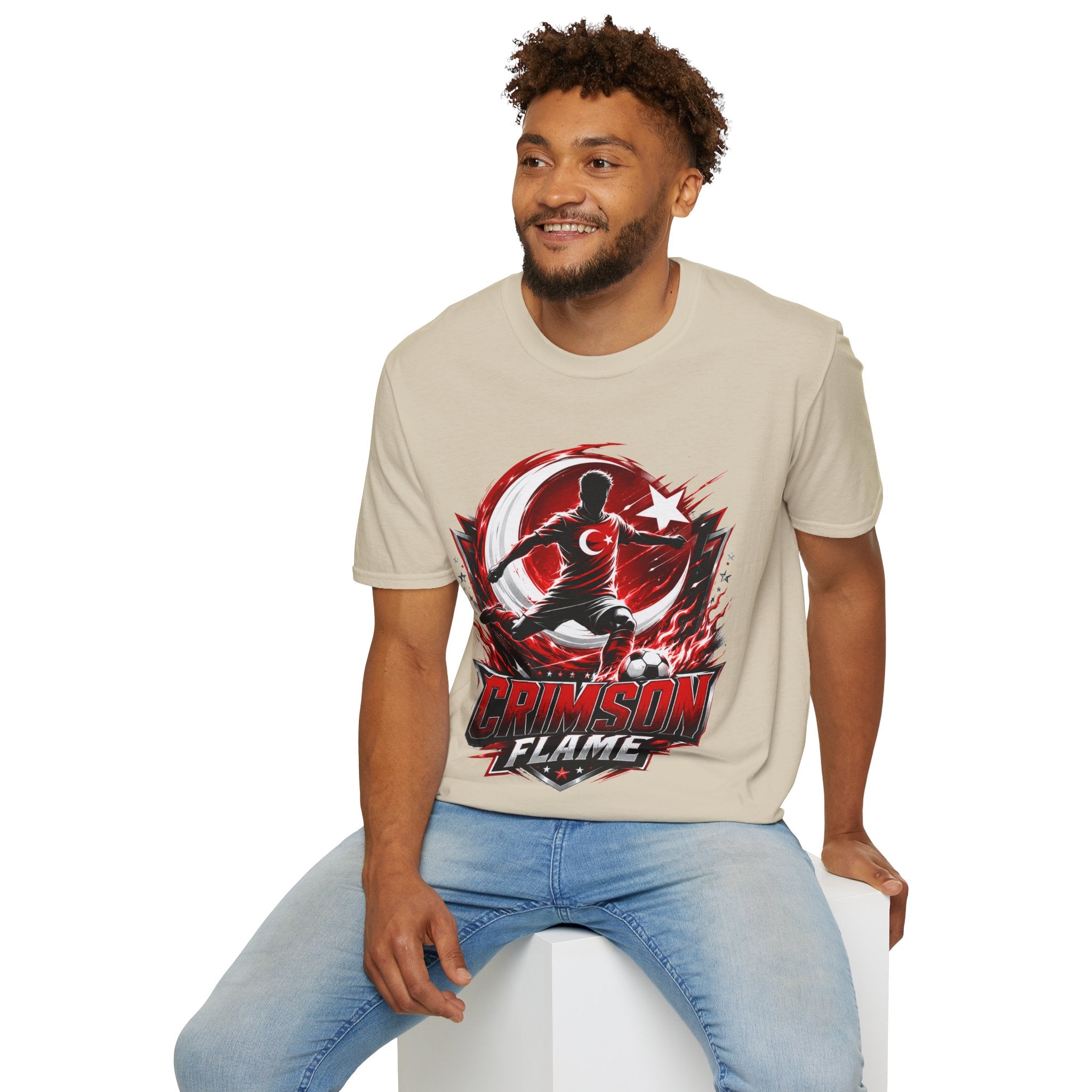 Turkey Crimson Flame Soccer T-Shirt — Turkish Crescent & Star Football Fan Tee