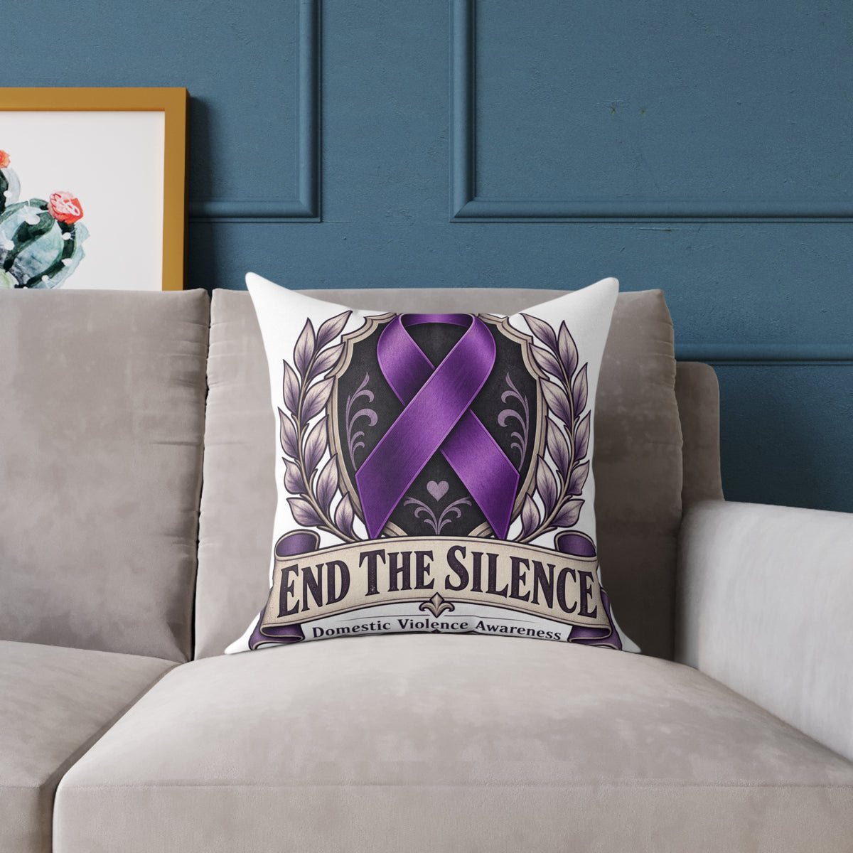 End the Silence Purple Ribbon Square Pillow - Domestic Violence Awareness Throw Pillow