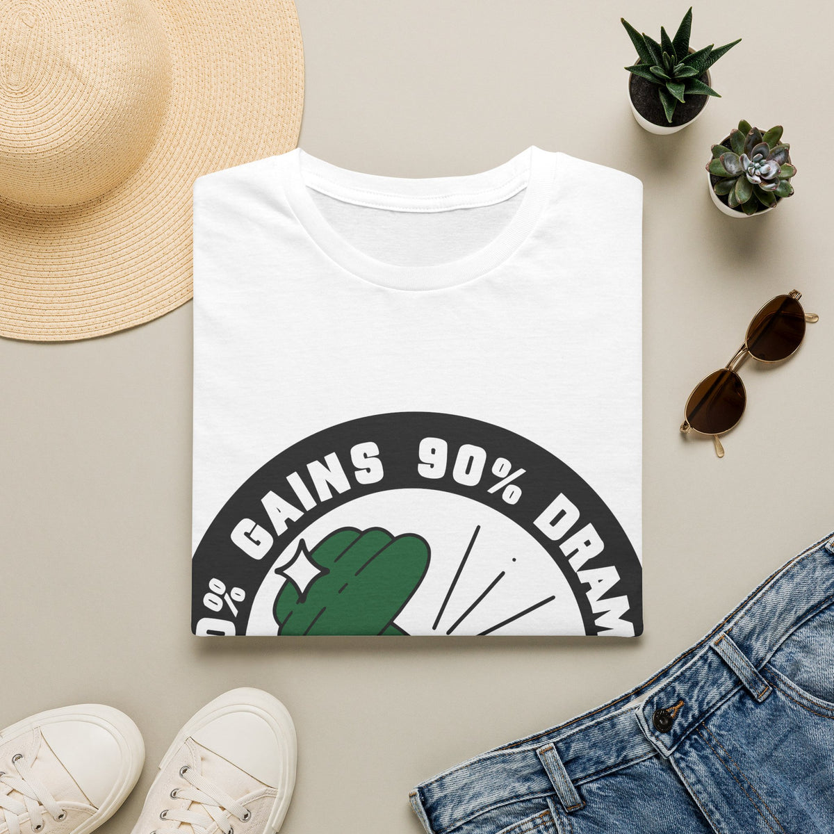 10% Gains 90% Drama Dumbbell T-Shirt - Funny Gym Circle Logo Graphic Tee - Trending Now - September 2026