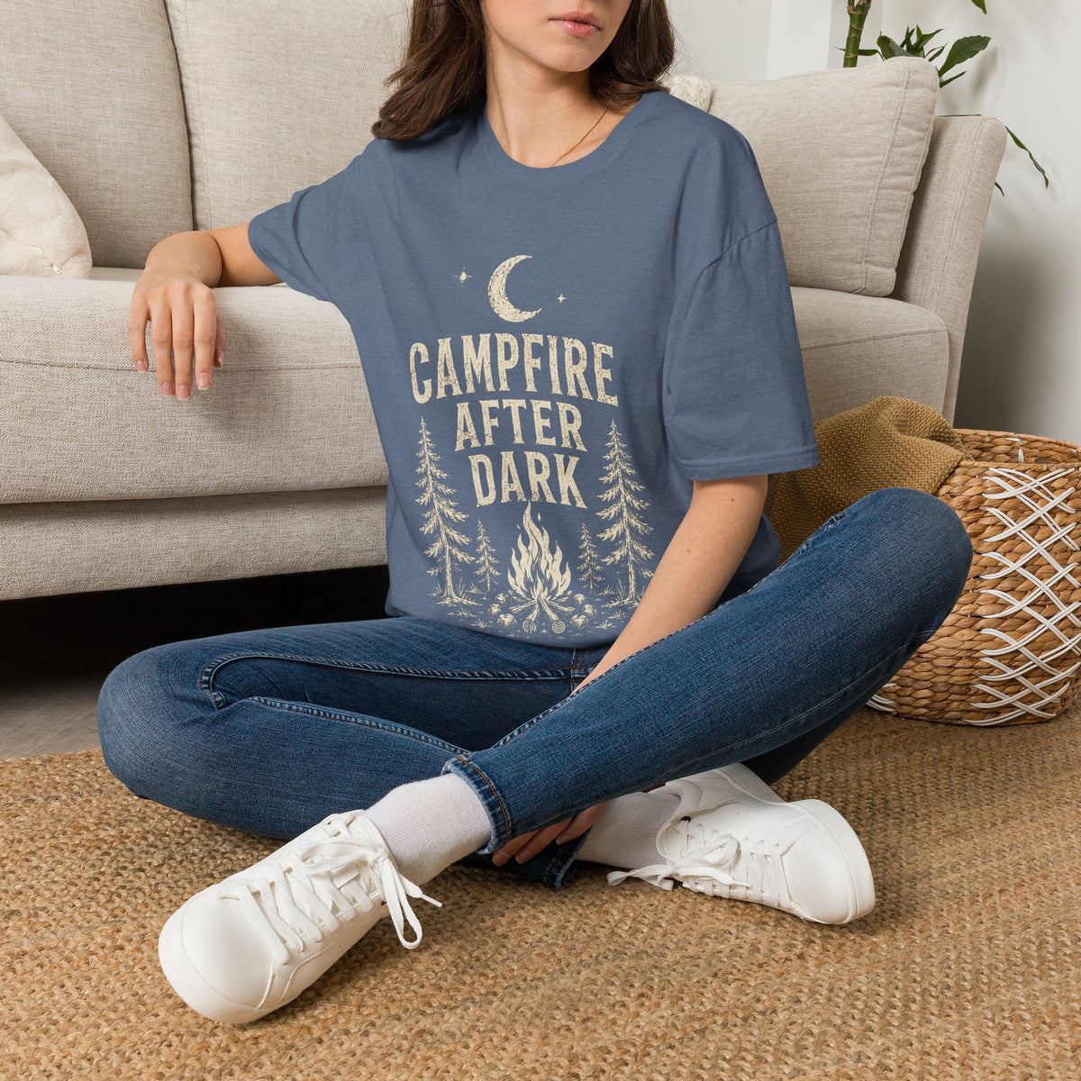 Campfire After Dark T-Shirt — Vintage Moon & Pine Camping Tee