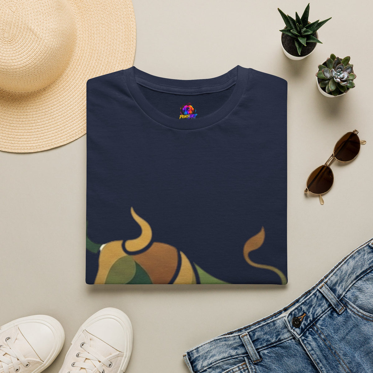Bull Graphic T-Shirt — Earth Tone Geometric Taurus Design