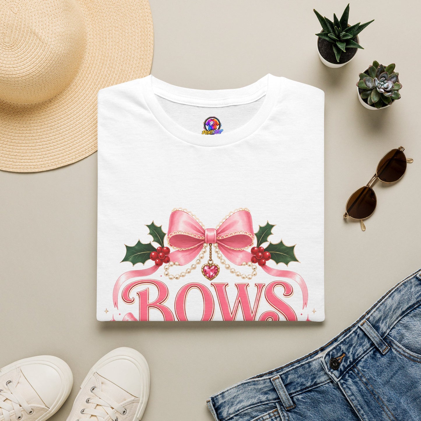 Bows and Mistletoe T-Shirt — Pink Holiday Bow Christmas Tee