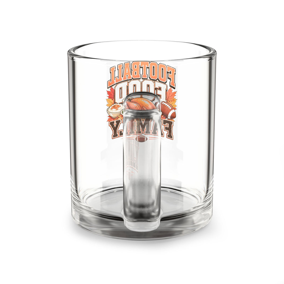 Glass Mug — Thanksgiving Football Food Family Glass Mug — 10oz Game Day Coffee & Tea Cup